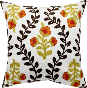 Alysheer Floral Embroidered Fall Decorative Throw Pillow Cover 18"x 18", Farmhouse Cottage Orange Flowers Brown Leaves Knit Pattern Cotton Canvas Cushion Case for Sofa Couch Bed Living Room Decor