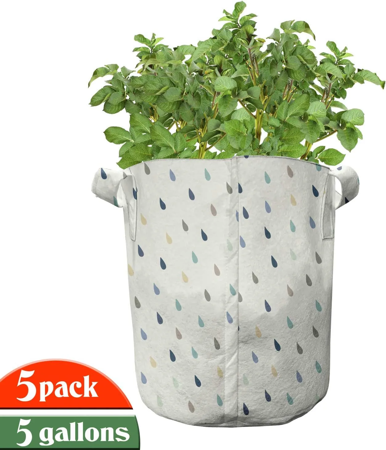 Ambesonne White Grow Bags 5-Pack, Colorful Droplet Pattern, Heavyduty Fabric Pots with Handles for Plants, 5 Gallon, Multicolor