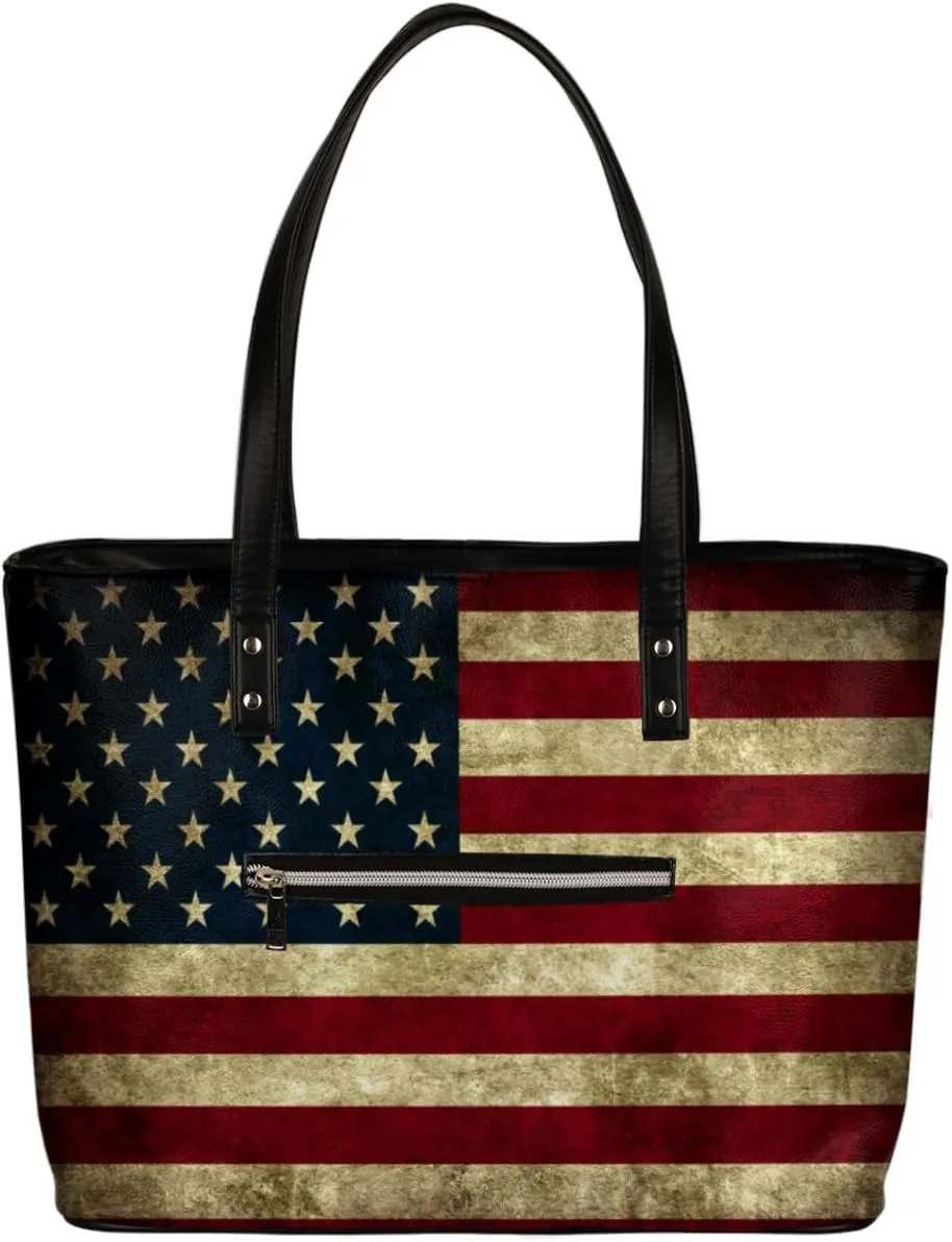 America Flag 4th Of July Memorial Day Tote Bag Women Shoulder Handbags PU Leather Everyday Bag with External Pocket Large Capacity Aesthetic Corduroy Tote Bag for Travel Work Party