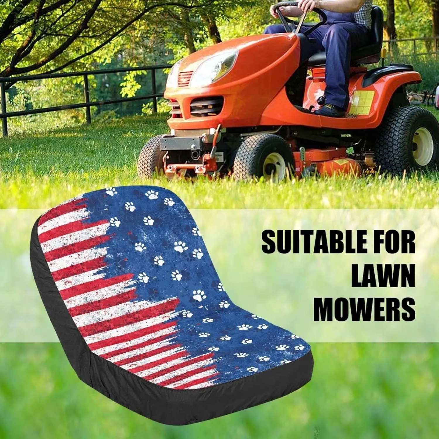 American Flag Riding Mower Seat Cover with Storage Bag, Dog Paw Universal Lawn Mower Seat Cover for Men Women Machine Washable Easy to Install