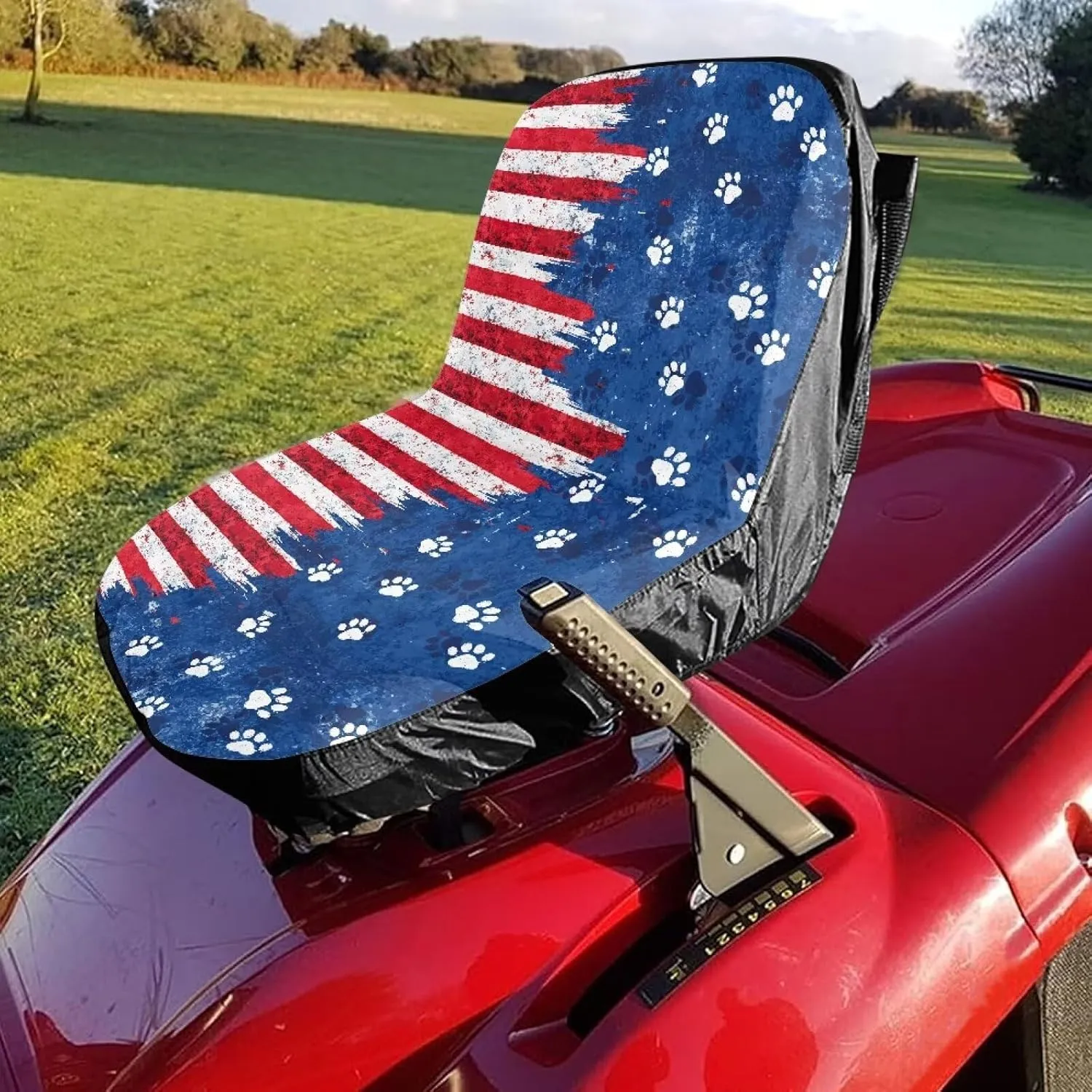 American Flag Riding Mower Seat Cover with Storage Bag, Dog Paw Universal Lawn Mower Seat Cover for Men Women Machine Washable Easy to Install