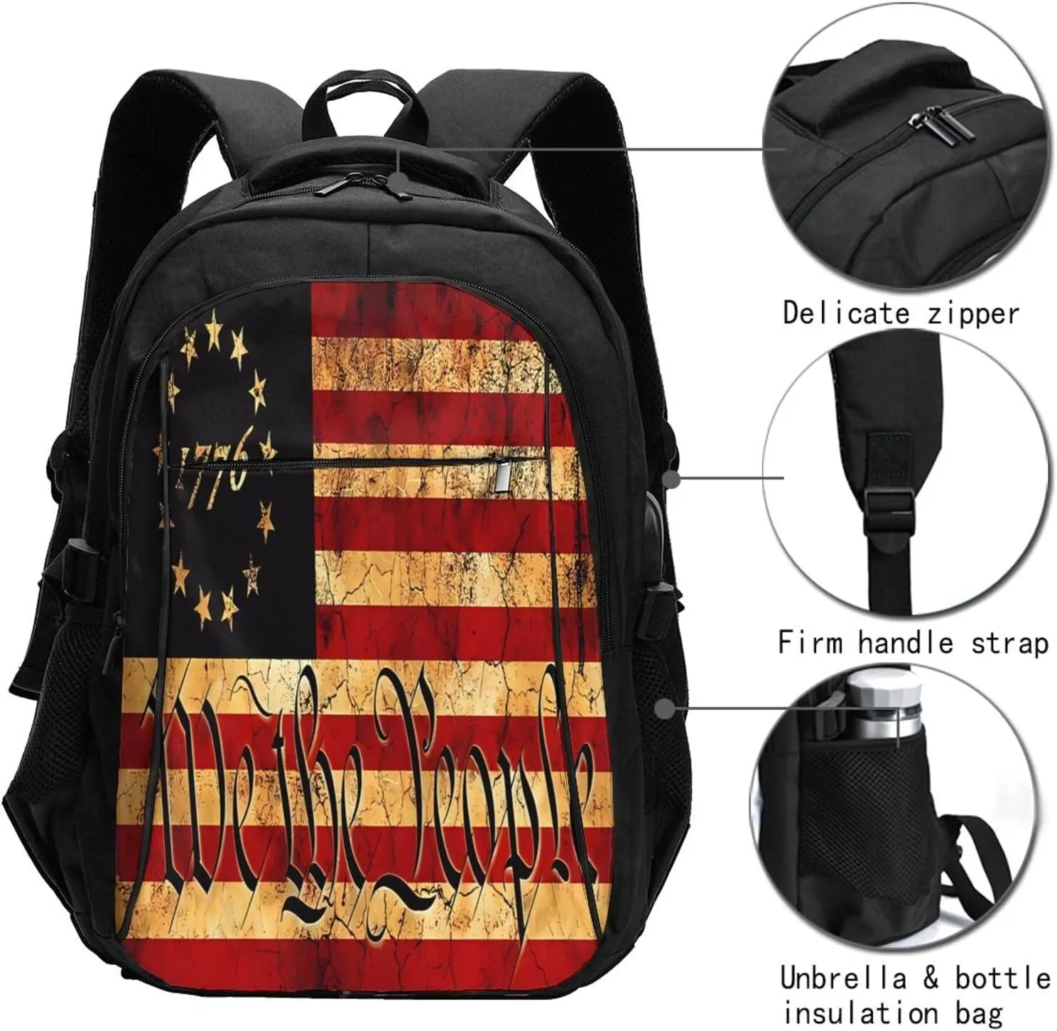 American Flag We The People Travel Backpack Laptop Backpacks Business Rucksack Outdoor Daypack Large Sport Bag with Luggage Strap USB Charging Port for Hiking Working