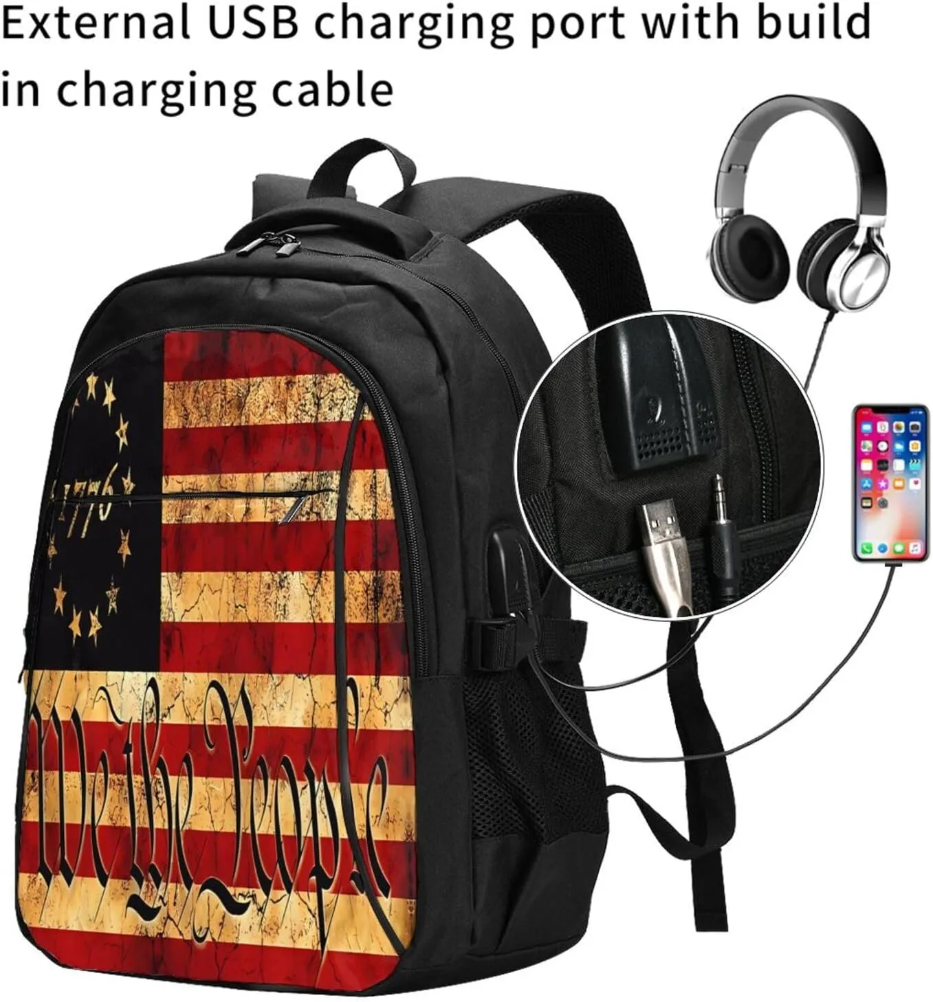 American Flag We The People Travel Backpack Laptop Backpacks Business Rucksack Outdoor Daypack Large Sport Bag with Luggage Strap USB Charging Port for Hiking Working