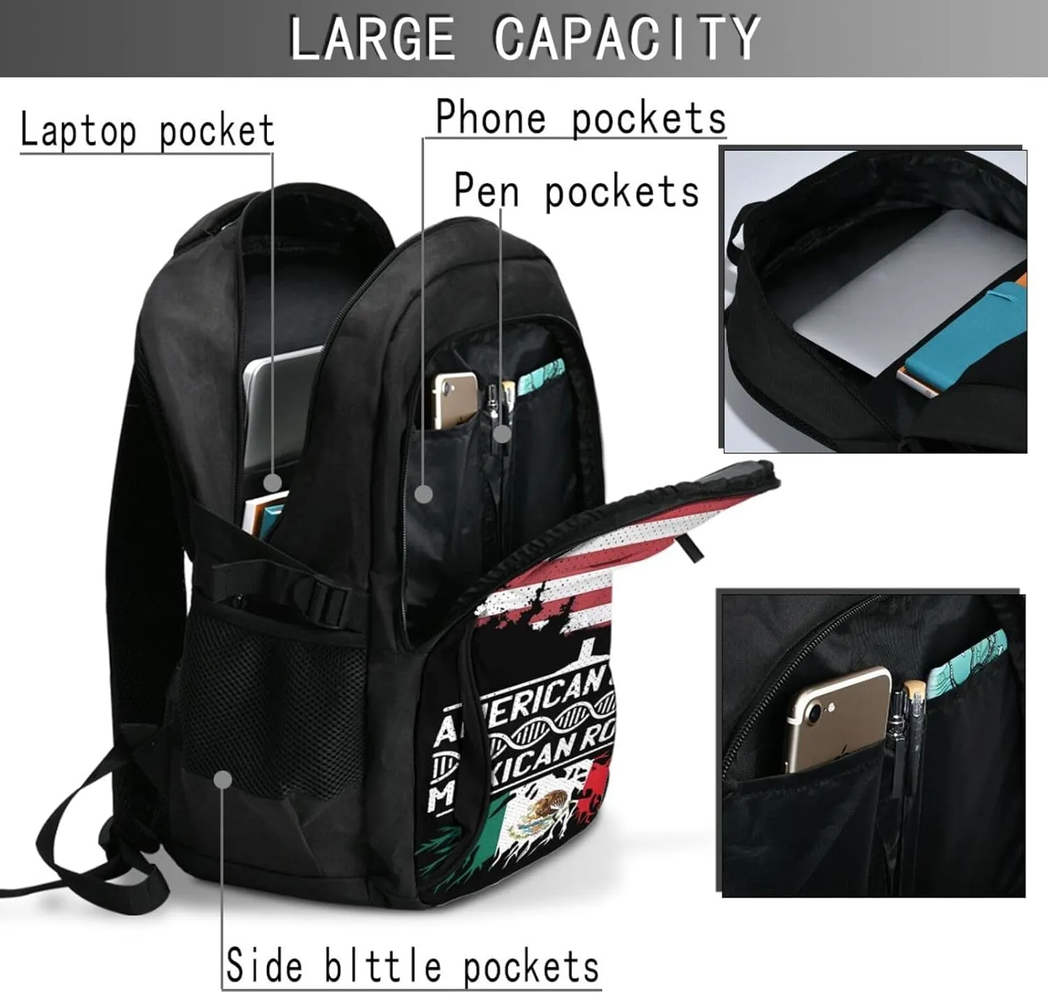 American Mexican Mexico Flag Mexican Roots Casual Travel Backpacks Hiking Camping Backpack Large Outdoor Sport Daypack Laptop Rucksack Climbing Working Bags with USB Port