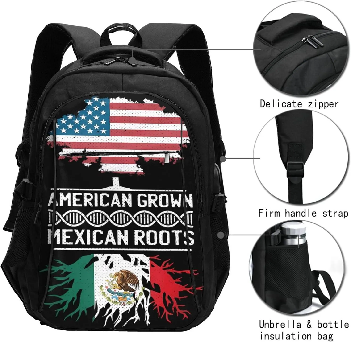 American Mexican Mexico Flag Mexican Roots Casual Travel Backpacks Hiking Camping Backpack Large Outdoor Sport Daypack Laptop Rucksack Climbing Working Bags with USB Port