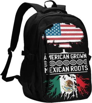 American Mexican Mexico Flag Mexican Roots Casual Travel Backpacks Hiking Camping Backpack Large Outdoor Sport Daypack Laptop Rucksack Climbing Working Bags with USB Port