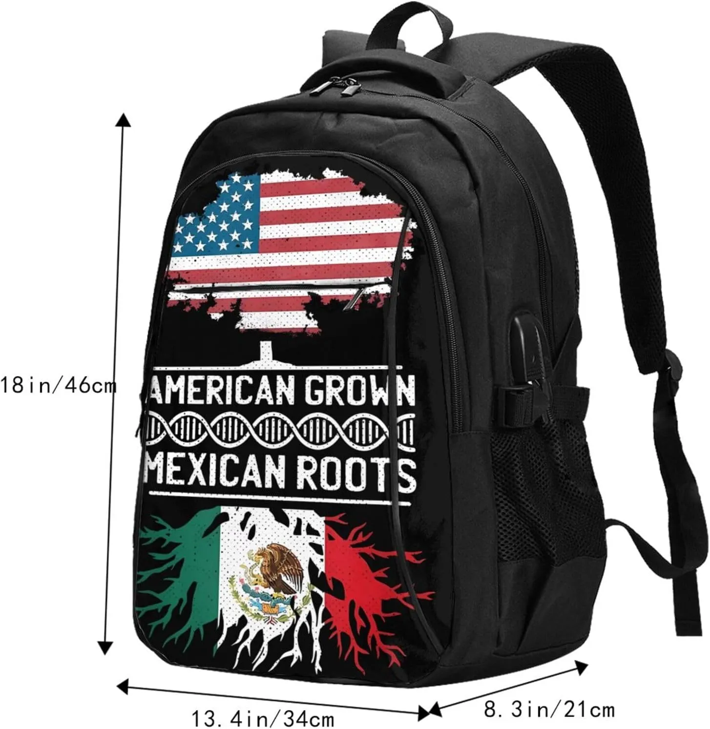 American Mexican Mexico Flag Mexican Roots Casual Travel Backpacks Hiking Camping Backpack Large Outdoor Sport Daypack Laptop Rucksack Climbing Working Bags with USB Port