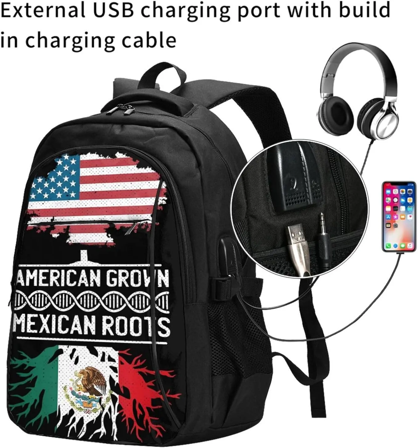American Mexican Mexico Flag Mexican Roots Casual Travel Backpacks Hiking Camping Backpack Large Outdoor Sport Daypack Laptop Rucksack Climbing Working Bags with USB Port