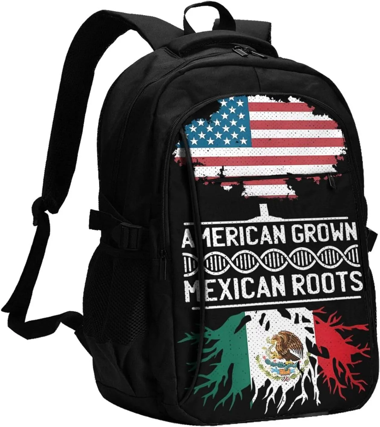 American Mexican Mexico Flag Mexican Roots Casual Travel Backpacks Hiking Camping Backpack Large Outdoor Sport Daypack Laptop Rucksack Climbing Working Bags with USB Port