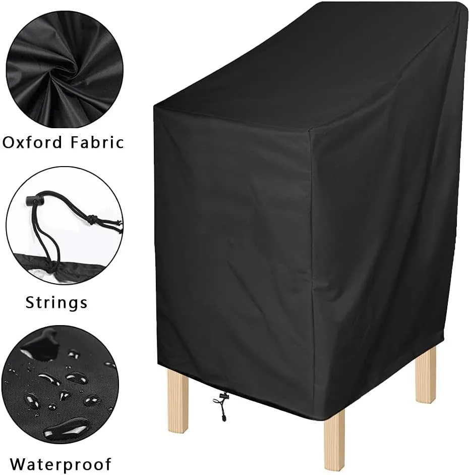 ANMINY Waterproof Patio Chair Covers UV-Resistant Windproof Outdoor Barstools Chair Cover Stackable Lawn High Back Dining Chair Furniture Protector with Storage Bag - Black, Pack of 2