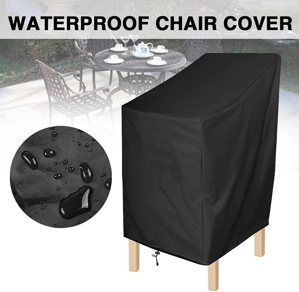 ANMINY Waterproof Patio Chair Covers UV-Resistant Windproof Outdoor Barstools Chair Cover Stackable Lawn High Back Dining Chair Furniture Protector with Storage Bag - Black, Pack of 2