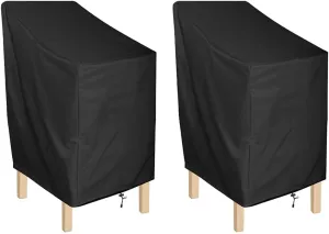 ANMINY Waterproof Patio Chair Covers UV-Resistant Windproof Outdoor Barstools Chair Cover Stackable Lawn High Back Dining Chair Furniture Protector with Storage Bag - Black, Pack of 2