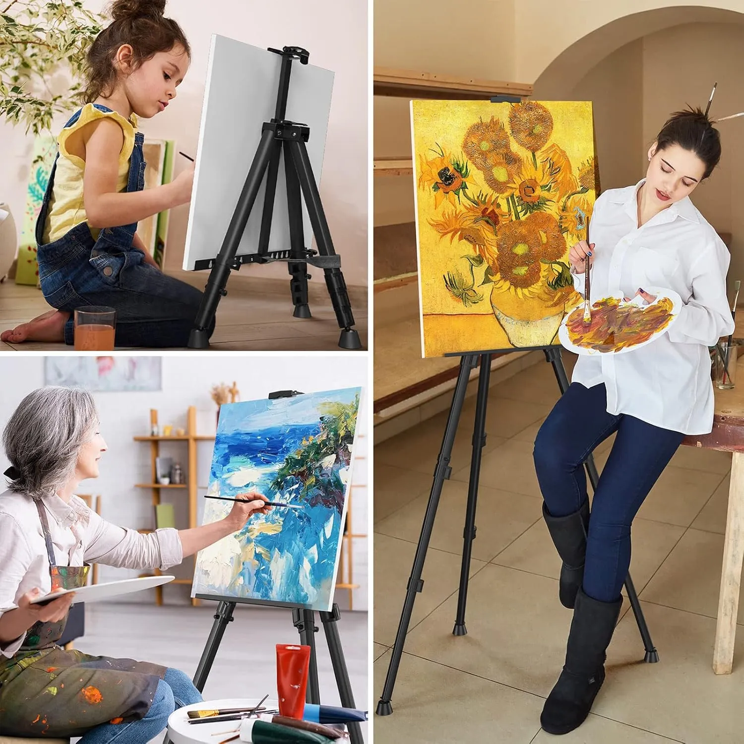 Art Painting Artist Easel Stand, Portable Adjustable Aluminum Metal Tripod Display Easel with Bag, Height from 17 to 66 inch for Table-Top/Floor Drawing and Displaying, Black