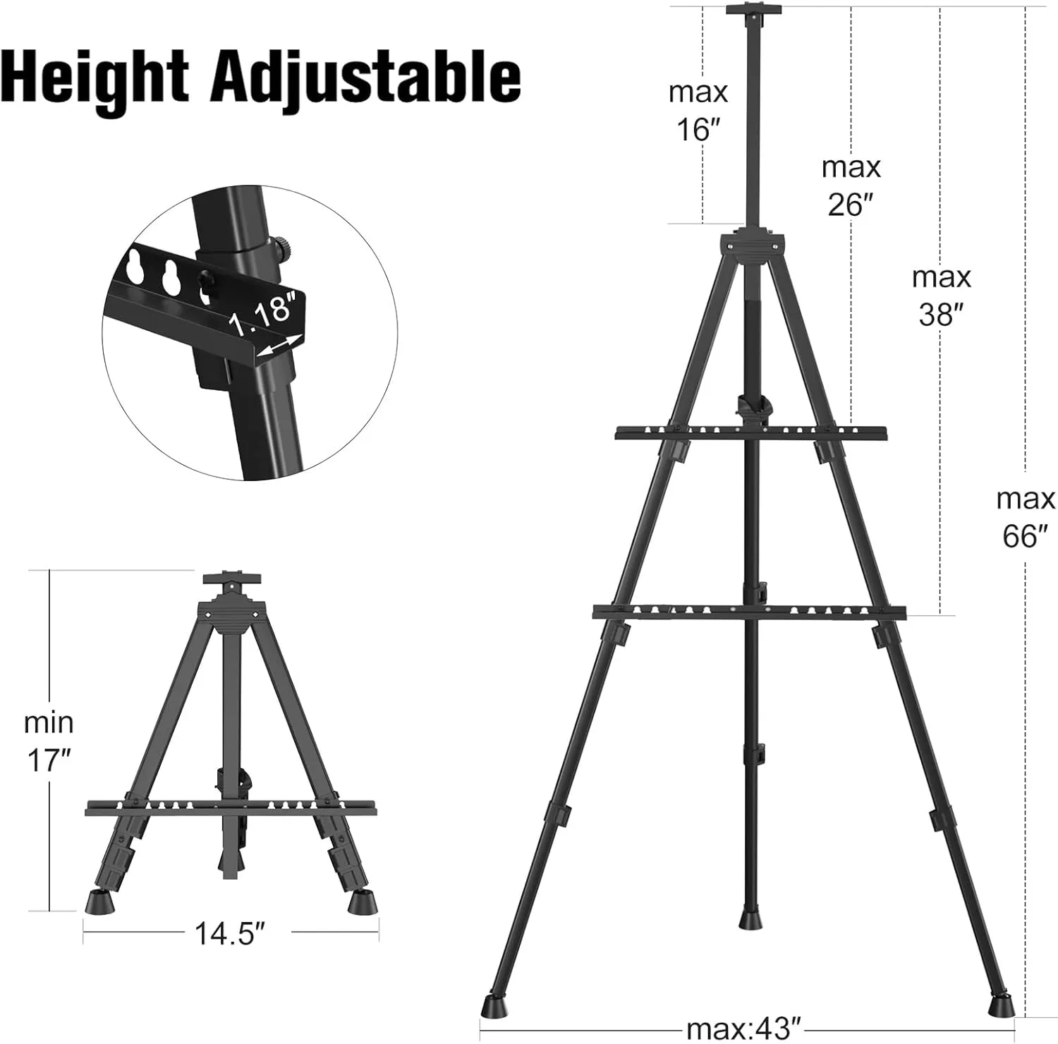 Art Painting Display Easel Stands - Portable Adjustable Aluminum Metal Tripod Artist Easels with Bags, Height from 17" to 66", Extra Sturdy for Table-Top/Floor Painting, Drawing, and Displaying, Black