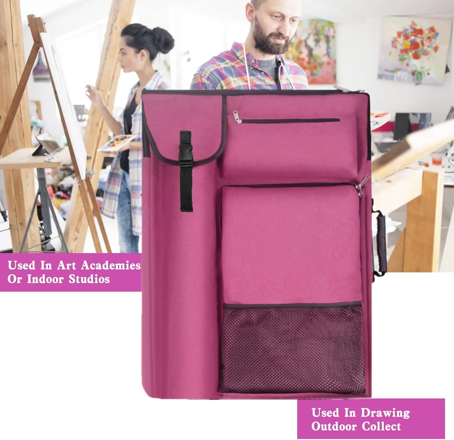 Art Portfolio Case,Art Portfolio Bag 18 x 24, Artist Backpack for supplies/Artwork/Drawing Sketching Painting(Dark pink)