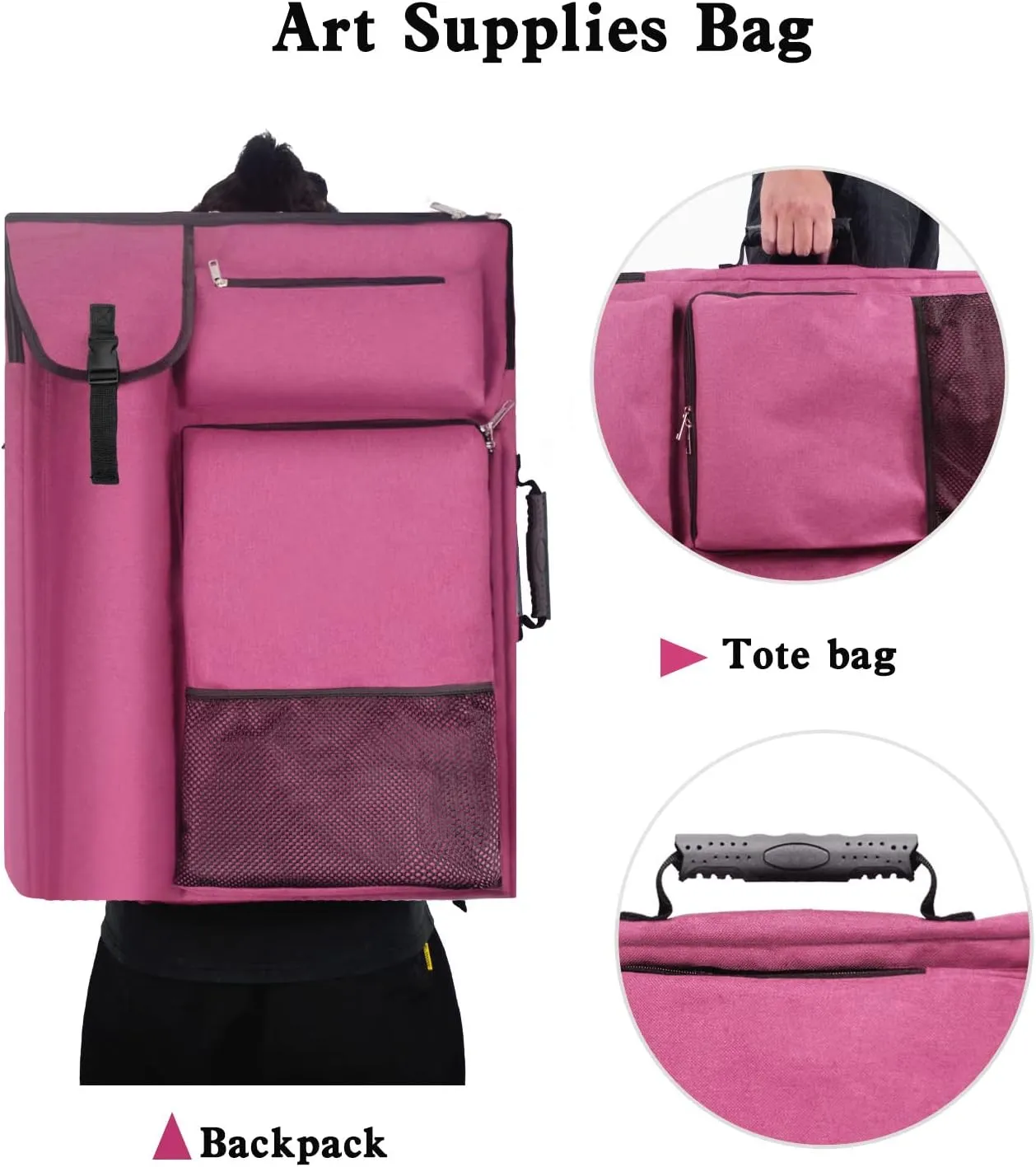 Art Portfolio Case,Art Portfolio Bag 18 x 24, Artist Backpack for supplies/Artwork/Drawing Sketching Painting(Dark pink)