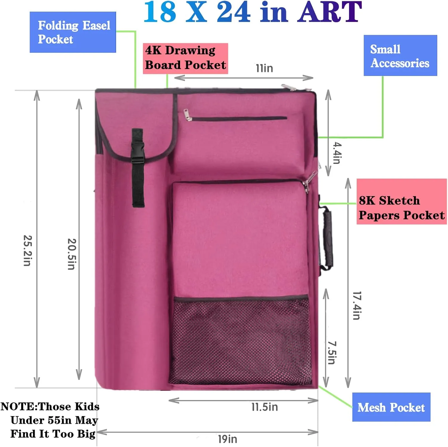 Art Portfolio Case,Art Portfolio Bag 18 x 24, Artist Backpack for supplies/Artwork/Drawing Sketching Painting(Dark pink)