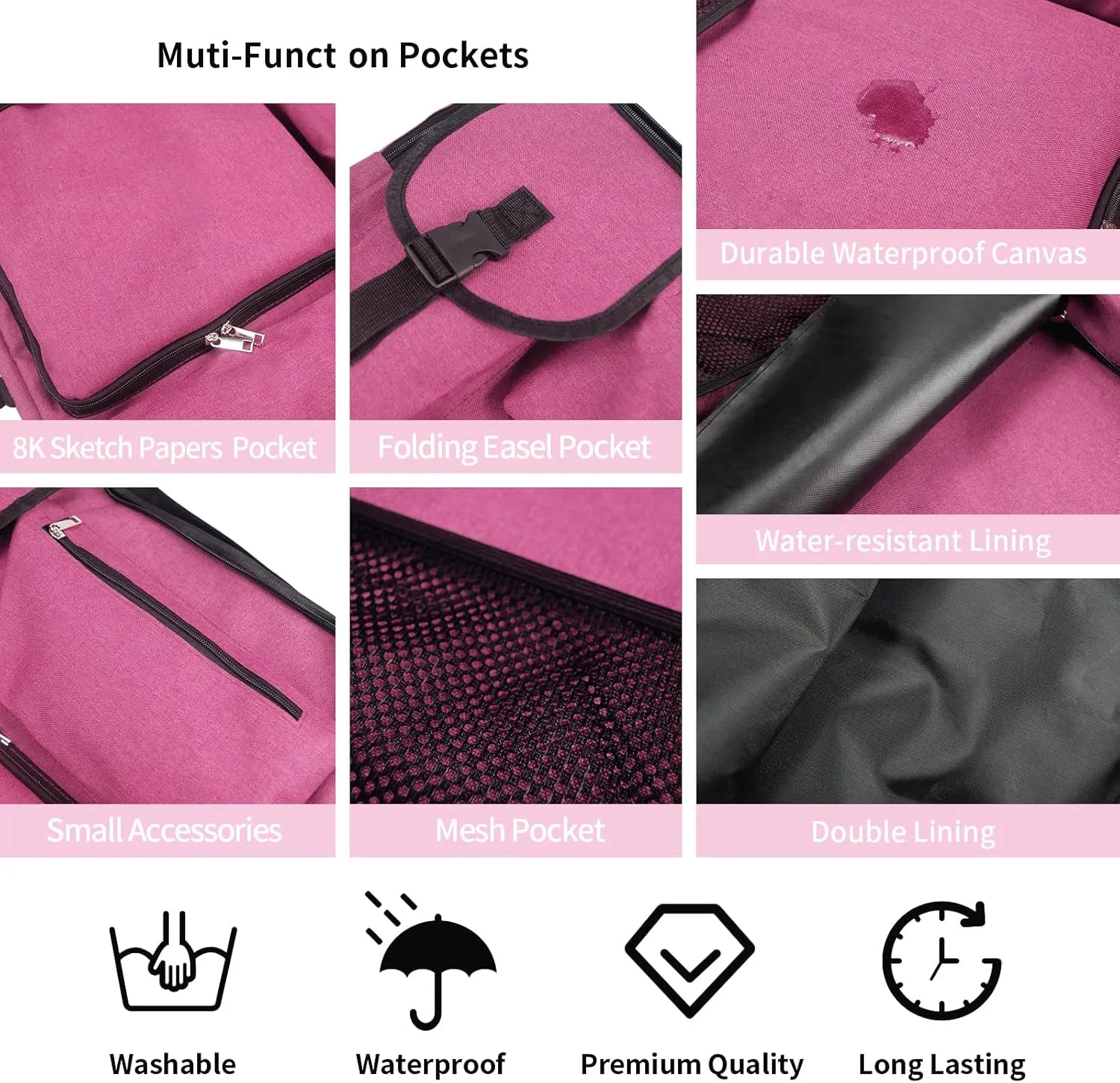 Art Portfolio Case,Art Portfolio Bag 18 x 24, Artist Backpack for supplies/Artwork/Drawing Sketching Painting(Dark pink)