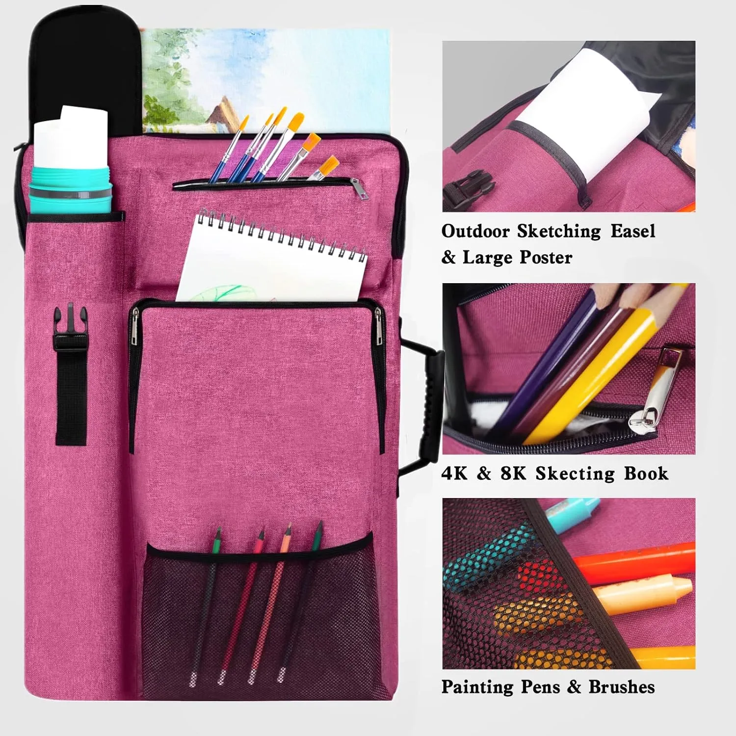 Art Portfolio Case,Art Portfolio Bag 18 x 24, Artist Backpack for supplies/Artwork/Drawing Sketching Painting(Dark pink)