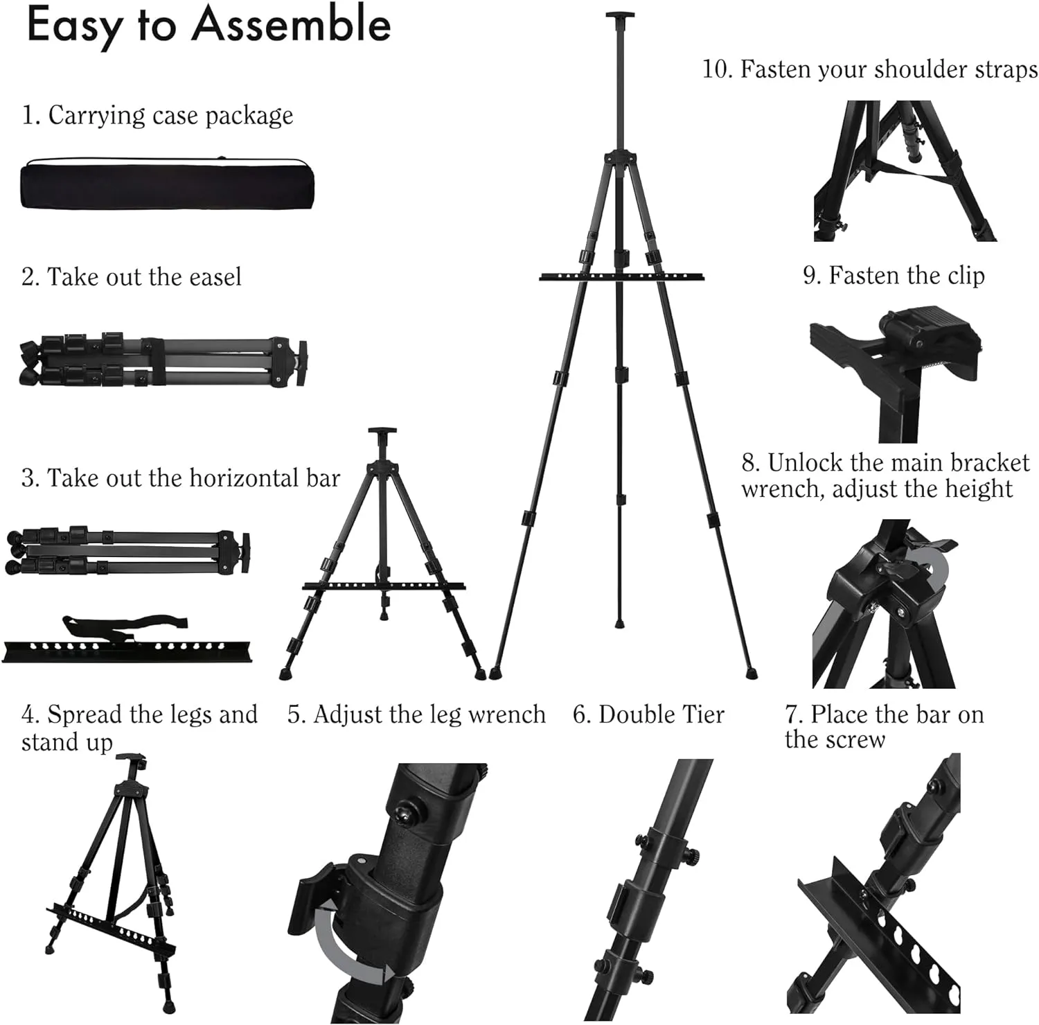 Artify Easel for Painting, Double-Tier Easel Stand, Adjustable Height from 22-66 Inches, Tripod for Painting and Display with Carrying Bag, 66 Inches, Black