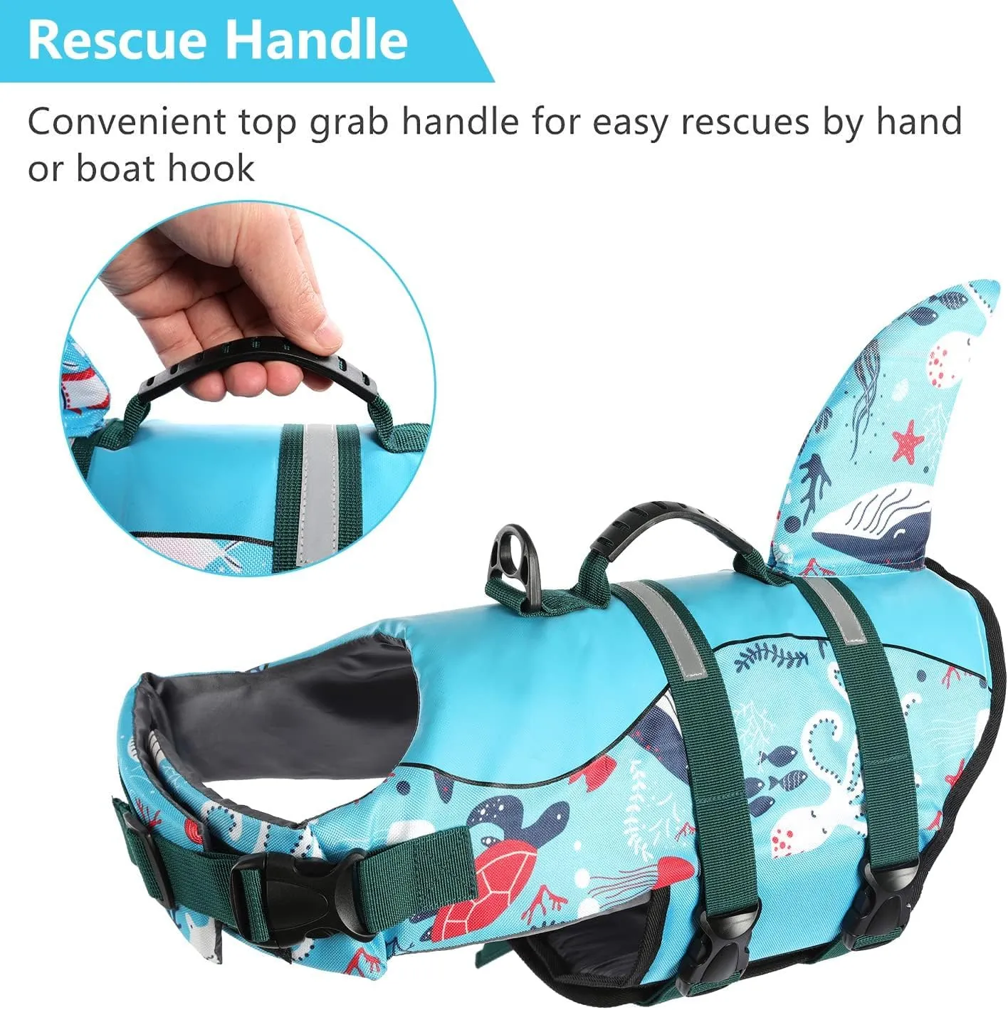 ASENKU Dog Life Jacket - Pet Safety Vest for Swimming & Boating, Shark Life Jacket with Floatation, Dog Lifesavers Swimsuits for Small Medium Large Dogs (Ocean, S)