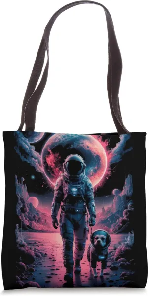 Astronaut Walking Dog and Exploring Space | Trippy Cosmonaut Tote Bag
