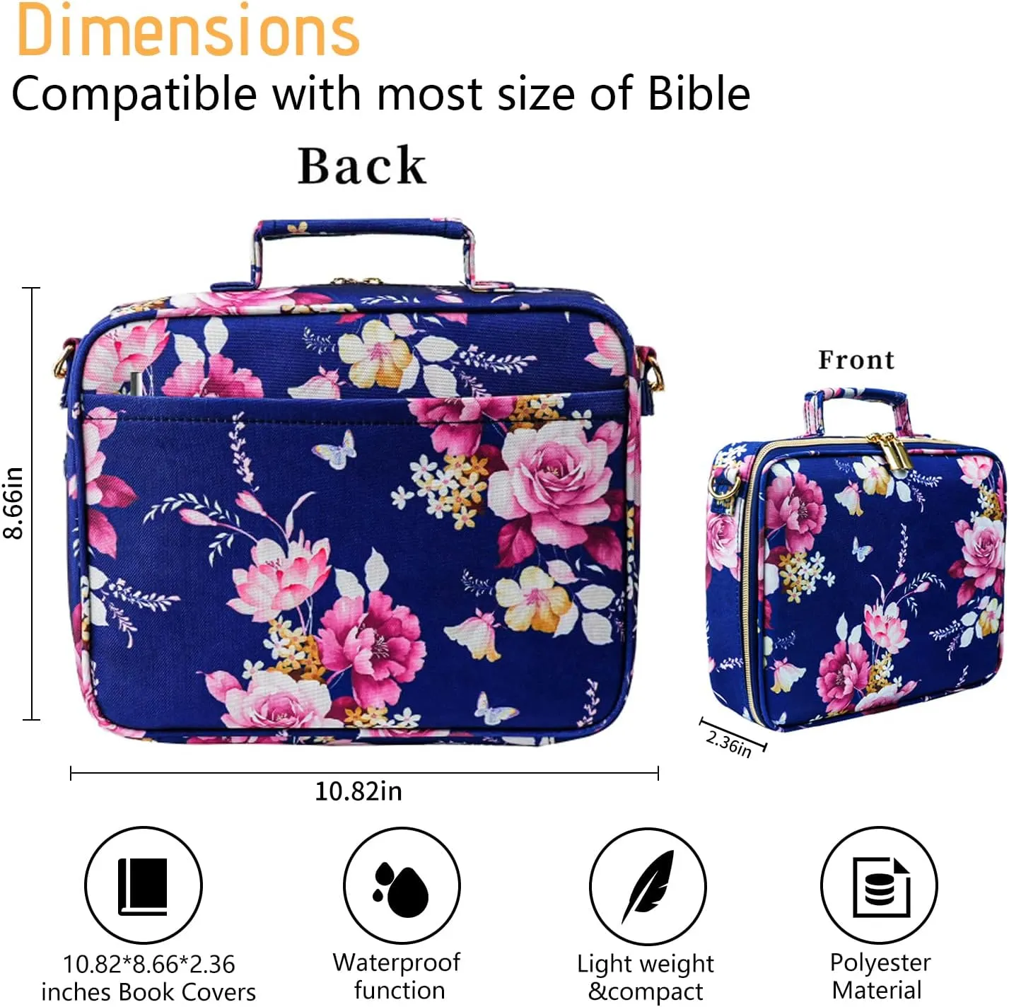 ATDIAG Bible Cover for Women,Carrying Book Case Church Bag Bible Protective with Handle and Zippered Pocket Adjustable Shoulder Strap,Perfect Gifts for Church Religious