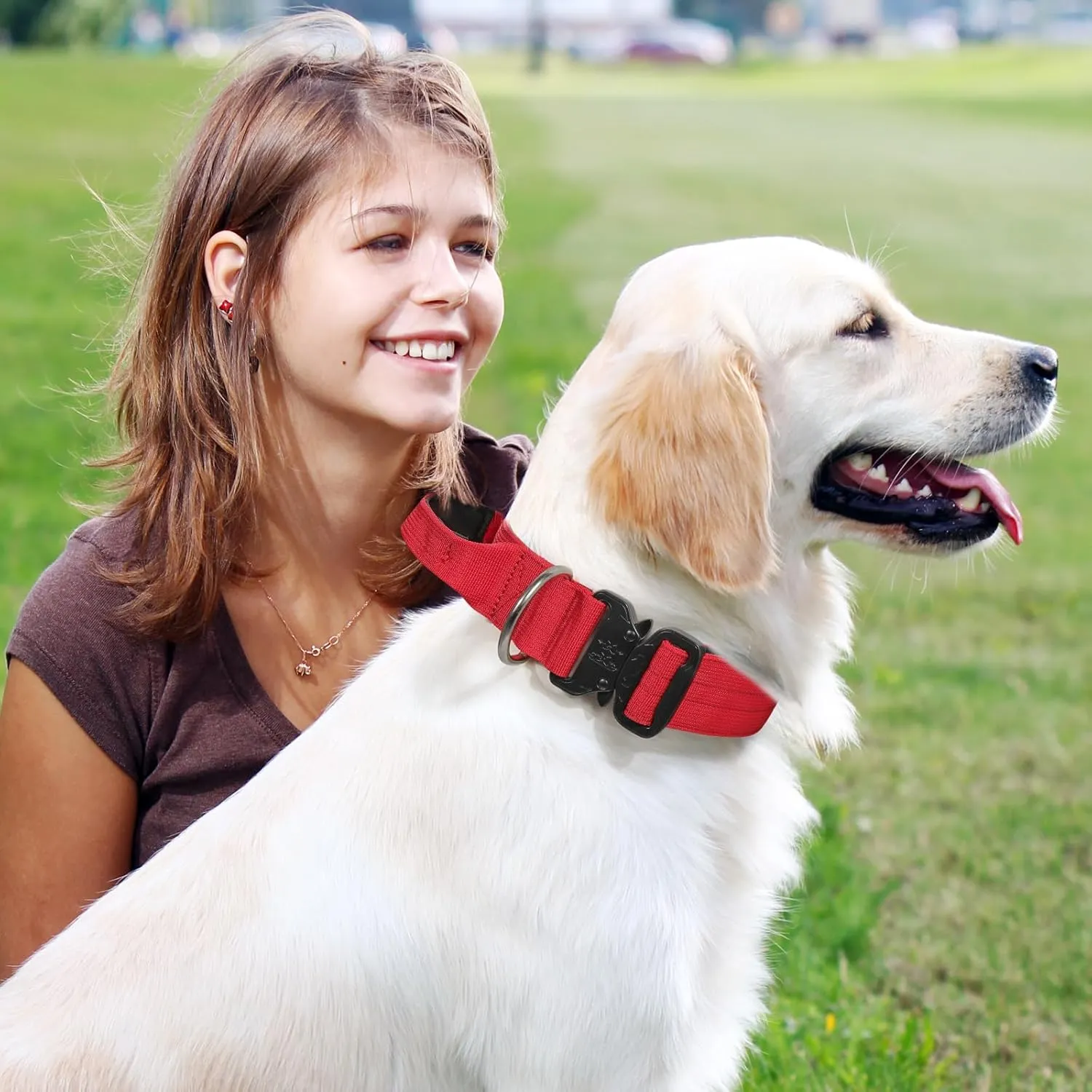 Athena Collection Dog Collar, Heavy Duty Military Dog Collar with Handle & D-Ring Adjustable Length for Medium Large Dogs, Tactical Pet Collar for Training, Walking, Red