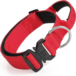 Athena Collection Dog Collar, Heavy Duty Military Dog Collar with Handle & D-Ring Adjustable Length for Medium Large Dogs, Tactical Pet Collar for Training, Walking, Red