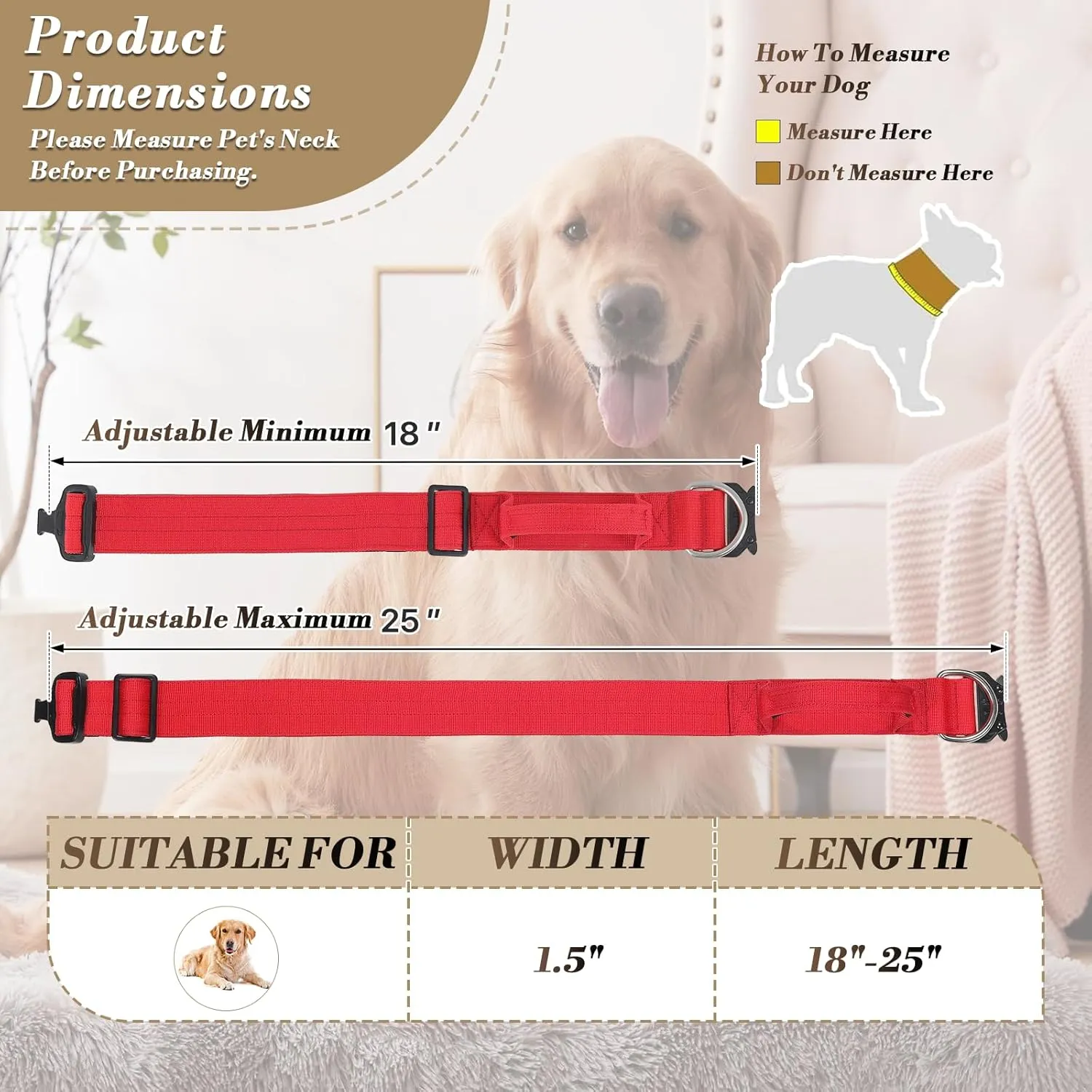 Athena Collection Dog Collar, Heavy Duty Military Dog Collar with Handle & D-Ring Adjustable Length for Medium Large Dogs, Tactical Pet Collar for Training, Walking, Red