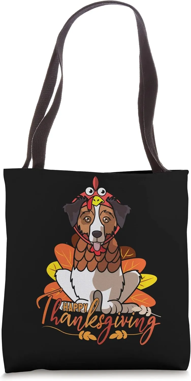 Australian Shepherd Aussie Dog Greets Thanksgiving Black Tote Bag