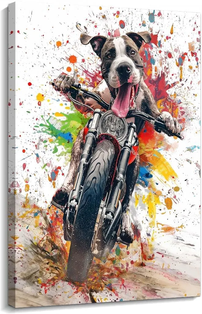 Axglnumber Great Dane Wall Art Funny Dog Riding a Motorcycle Wall Decor Painting Framed Dog Wall Art Animal Pictures for Living Room Decor 12x18 inches