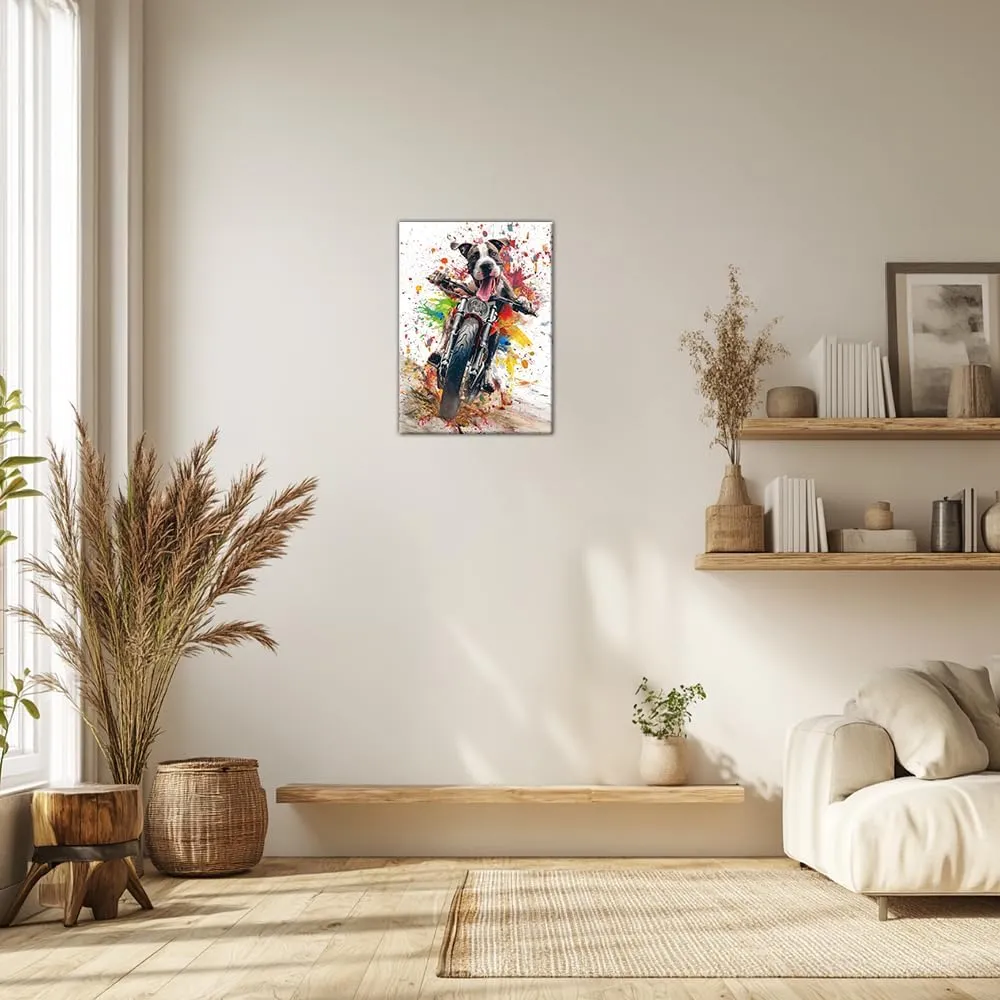 Axglnumber Great Dane Wall Art Funny Dog Riding a Motorcycle Wall Decor Painting Framed Dog Wall Art Animal Pictures for Living Room Decor 12x18 inches