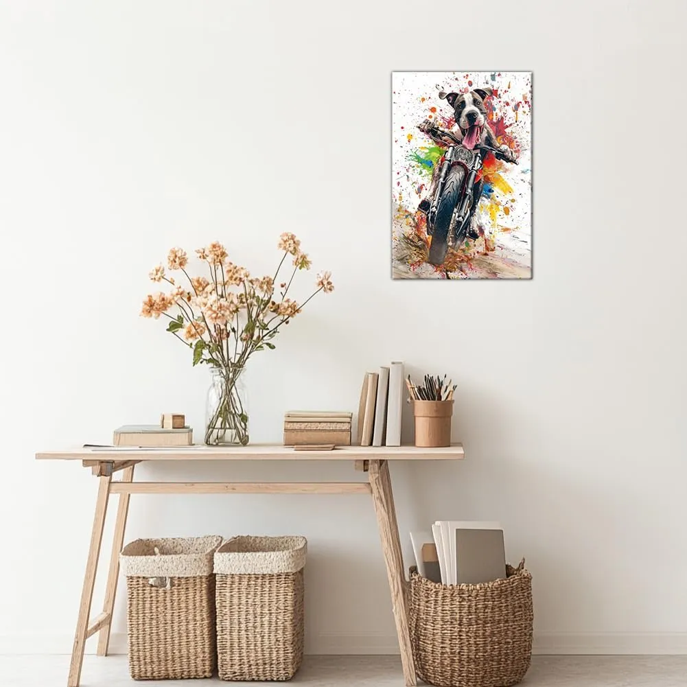 Axglnumber Great Dane Wall Art Funny Dog Riding a Motorcycle Wall Decor Painting Framed Dog Wall Art Animal Pictures for Living Room Decor 12x18 inches