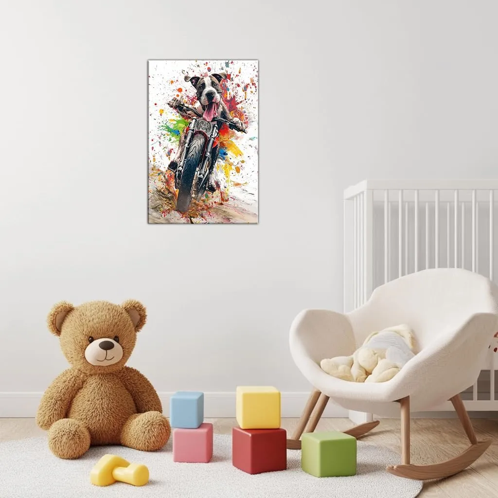 Axglnumber Great Dane Wall Art Funny Dog Riding a Motorcycle Wall Decor Painting Framed Dog Wall Art Animal Pictures for Living Room Decor 12x18 inches