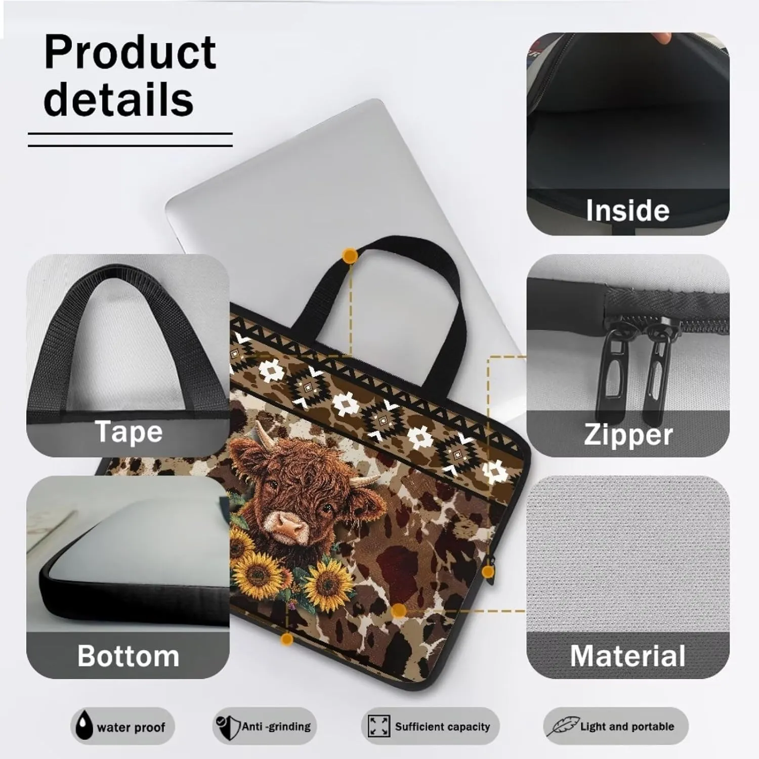 Aztec Sunflower Highland Cow Print Laptop Sleeve Case Portable Laptop Cover with Handle for Women Men Waterproof Tablet Briefcase Carrying Bag Notebook Computer Protector Case, 10inch