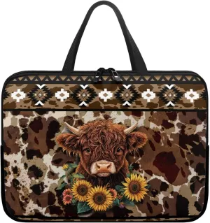 Aztec Sunflower Highland Cow Print Laptop Sleeve Case Portable Laptop Cover with Handle for Women Men Waterproof Tablet Briefcase Carrying Bag Notebook Computer Protector Case, 10inch