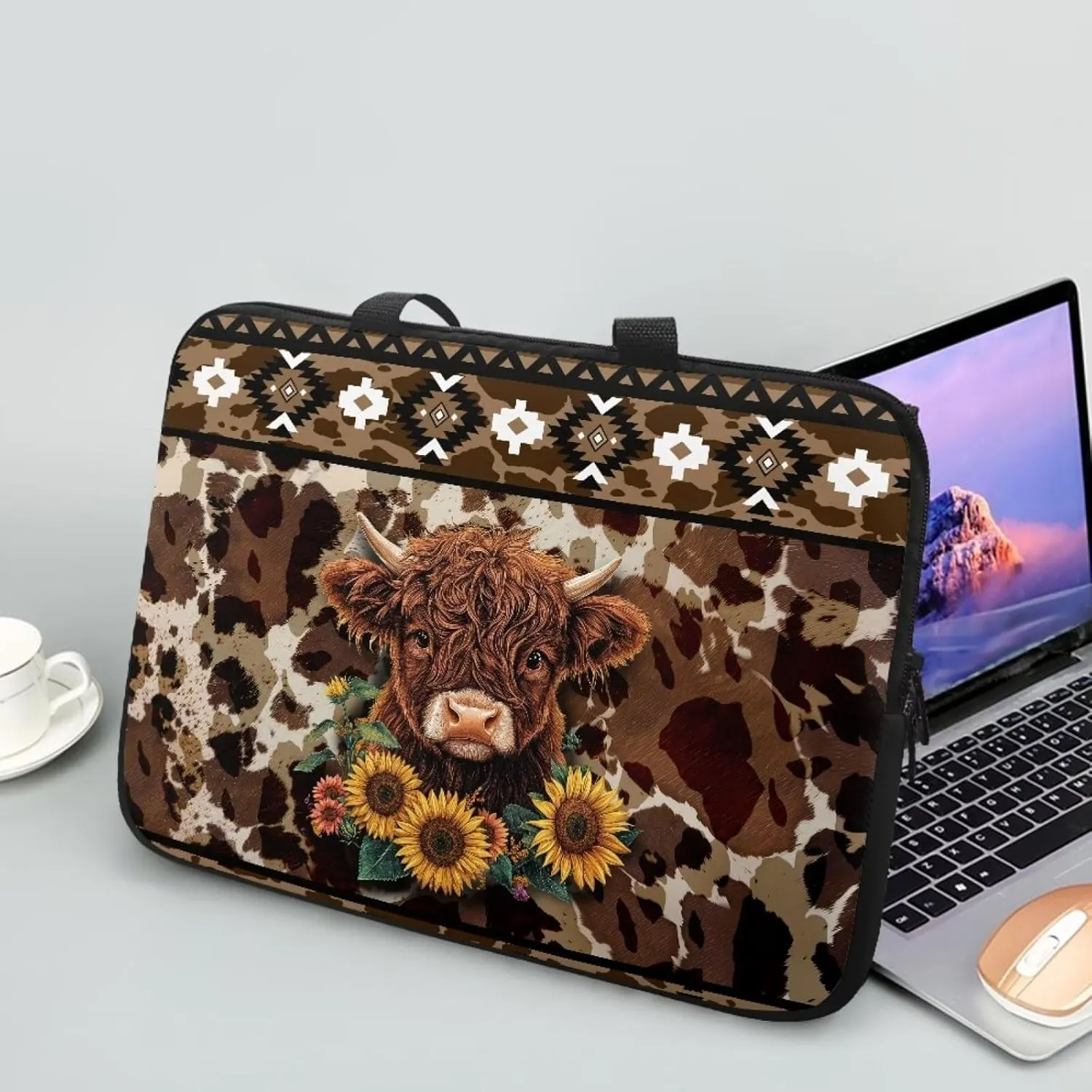 Aztec Sunflower Highland Cow Print Laptop Sleeve Case Portable Laptop Cover with Handle for Women Men Waterproof Tablet Briefcase Carrying Bag Notebook Computer Protector Case, 10inch