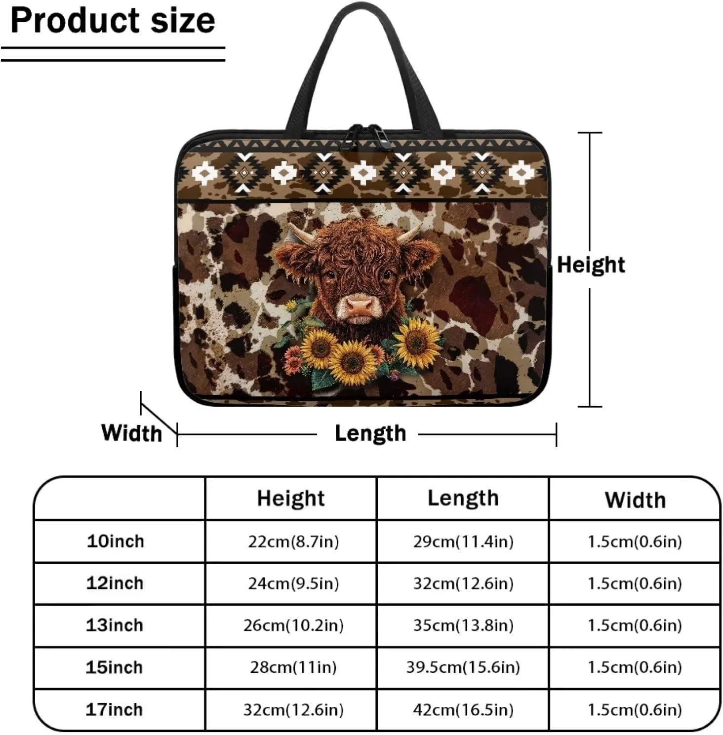 Aztec Sunflower Highland Cow Print Laptop Sleeve Case Portable Laptop Cover with Handle for Women Men Waterproof Tablet Briefcase Carrying Bag Notebook Computer Protector Case, 10inch