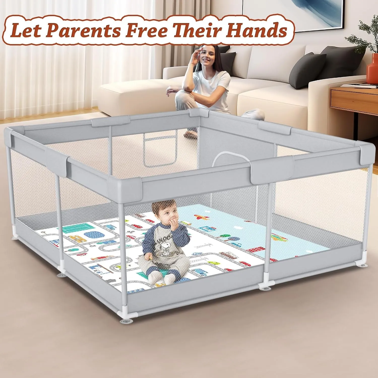 Baby Playpen with Mat 50" x 50" Play Yard Playpen for Babies and Toddlers with Zipper Gate Indoor & Outdoor Safety Baby Activity Center with Breathable Mesh Non-Slip Play Pen(Mat Included)