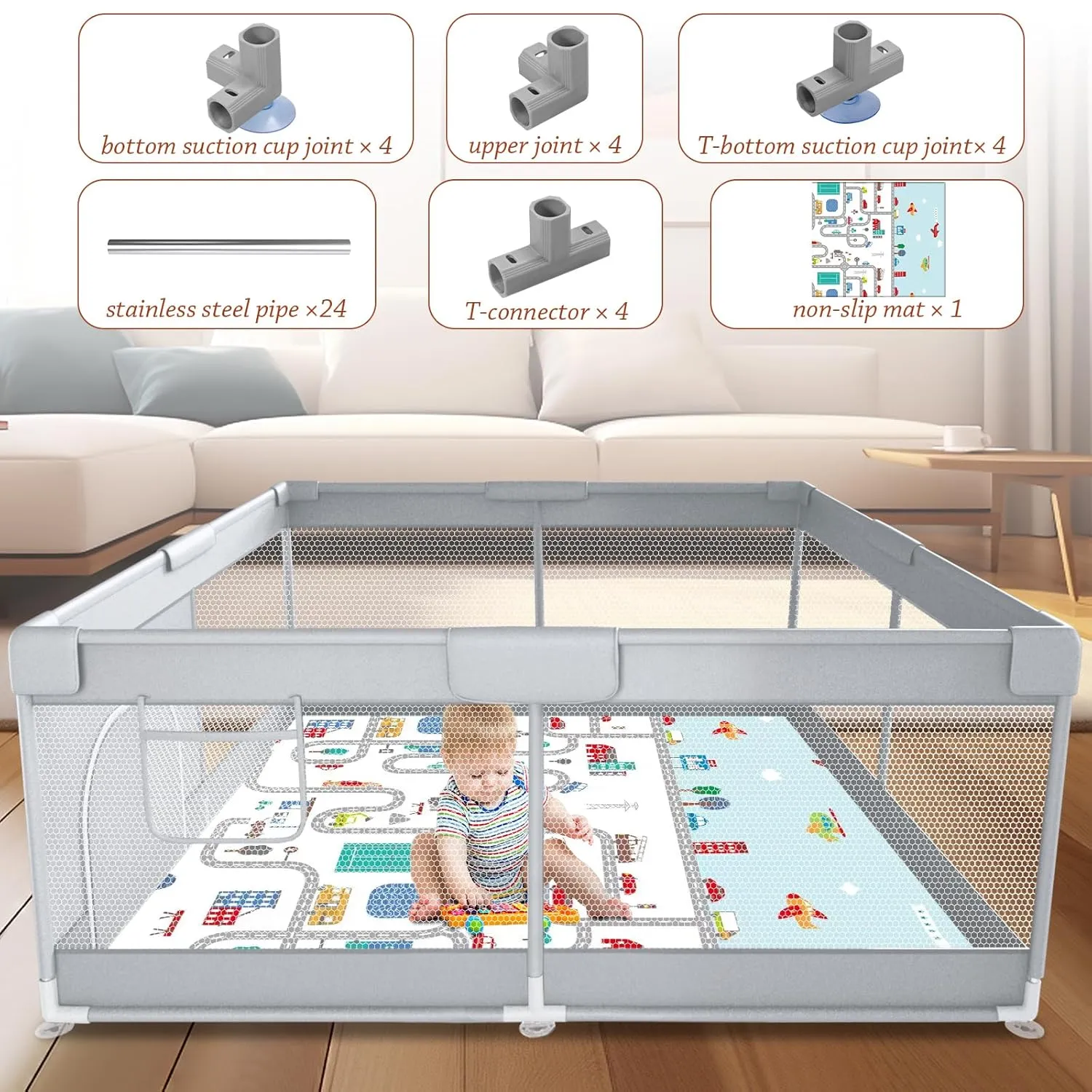 Baby Playpen with Mat 50" x 50" Play Yard Playpen for Babies and Toddlers with Zipper Gate Indoor & Outdoor Safety Baby Activity Center with Breathable Mesh Non-Slip Play Pen(Mat Included)