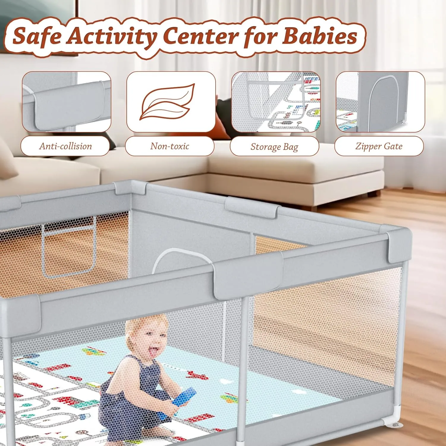 Baby Playpen with Mat 50" x 50" Play Yard Playpen for Babies and Toddlers with Zipper Gate Indoor & Outdoor Safety Baby Activity Center with Breathable Mesh Non-Slip Play Pen(Mat Included)