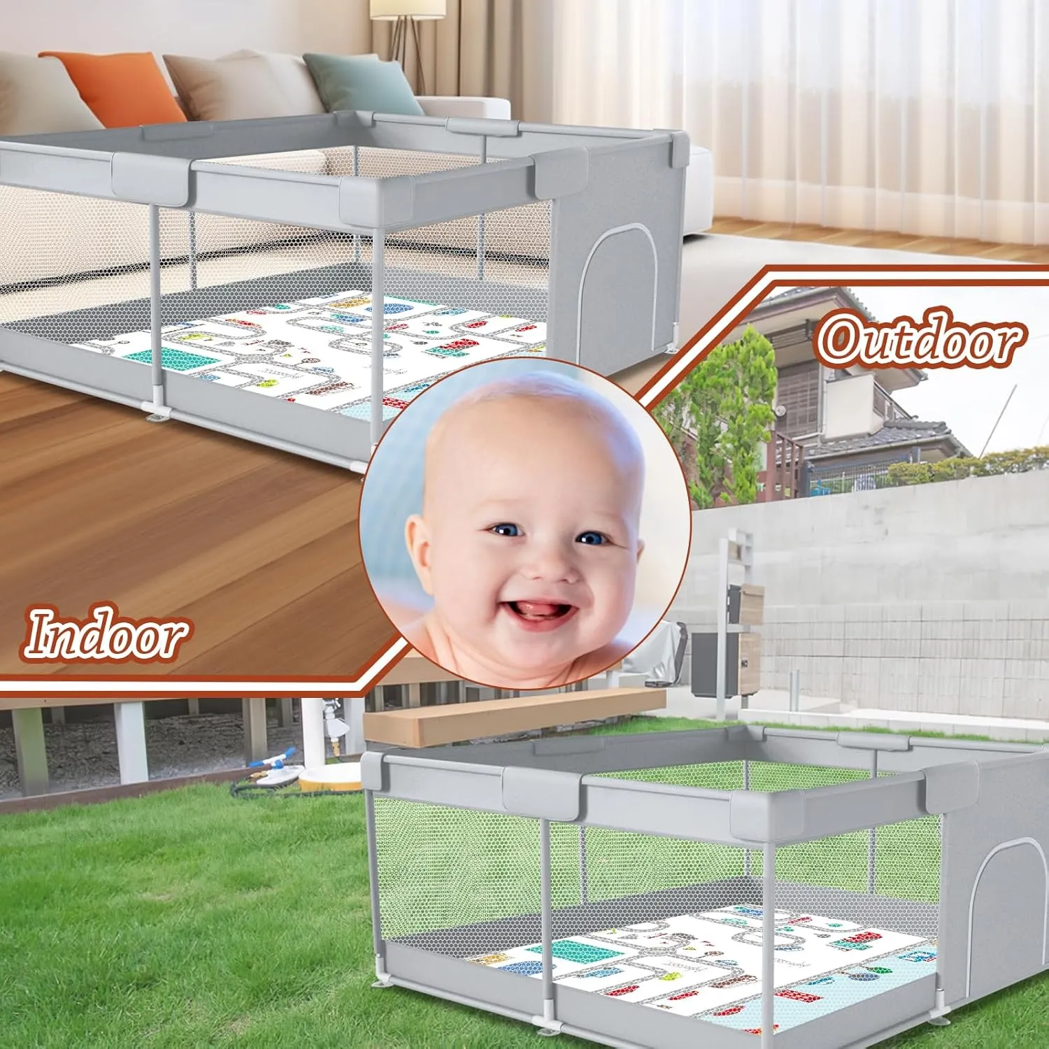 Baby Playpen with Mat 50" x 50" Play Yard Playpen for Babies and Toddlers with Zipper Gate Indoor & Outdoor Safety Baby Activity Center with Breathable Mesh Non-Slip Play Pen(Mat Included)
