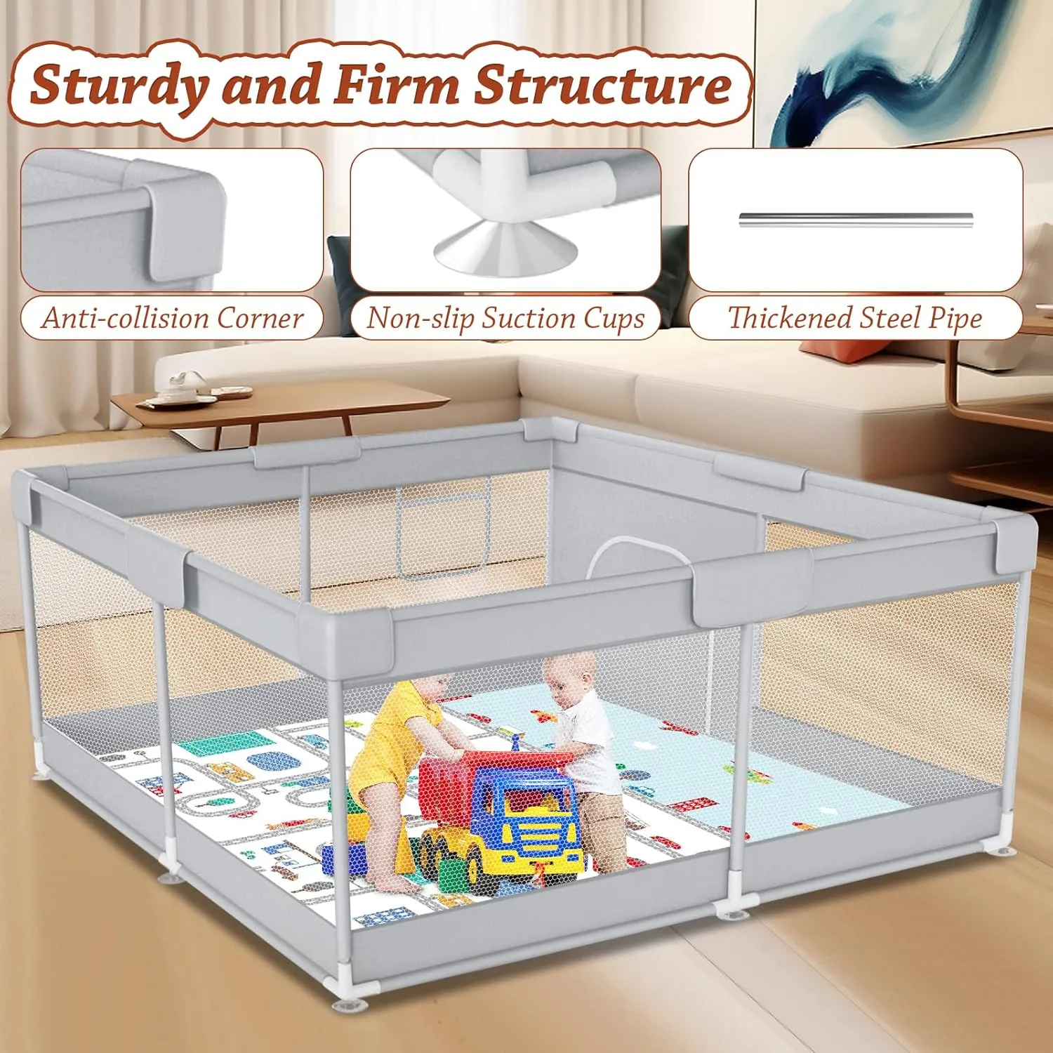 Baby Playpen with Mat 50" x 50" Play Yard Playpen for Babies and Toddlers with Zipper Gate Indoor & Outdoor Safety Baby Activity Center with Breathable Mesh Non-Slip Play Pen(Mat Included)