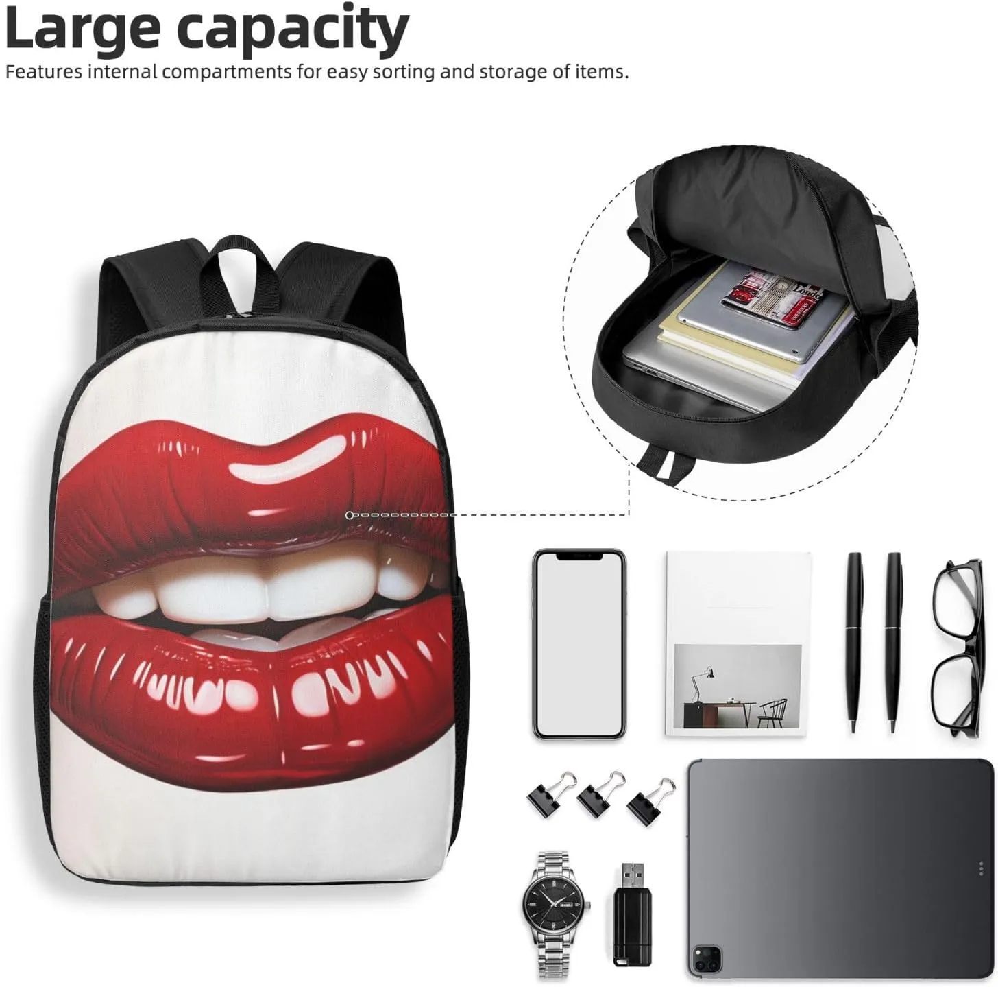 Backpack Cute Graphic Red Lips Travel Casual Laptop Backpack 17 inch Waterproof Hiking Daypack for Men Women