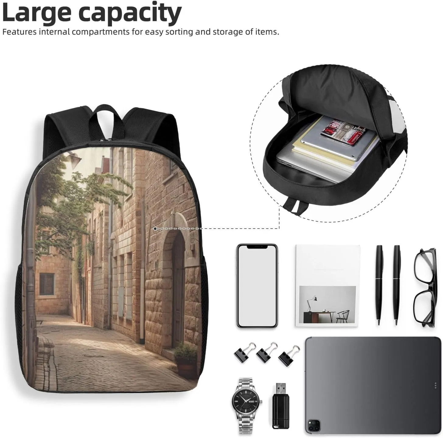 Backpack Travel Laptop Backpack for Men Women Architecture Streets Houses Computer Backpacks 17 inch Casual Daypack
