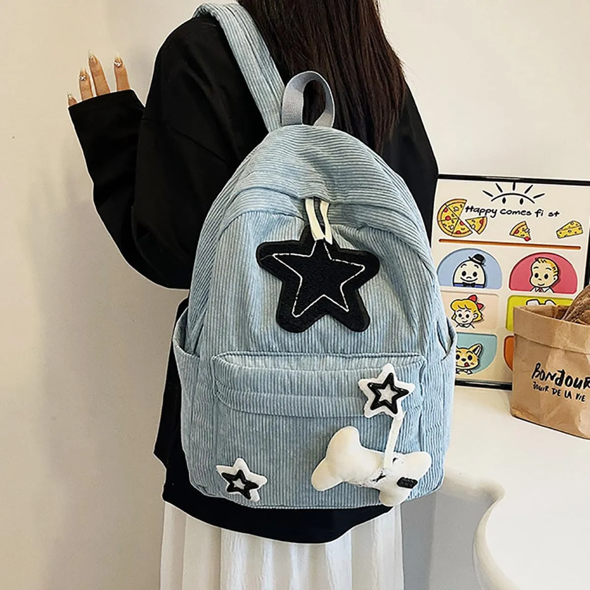 Backpack Trendy Y2K Stars Cute Aesthetic Backpack College Laptop Backpack Casual Travel Daypack for Teens (Blue)