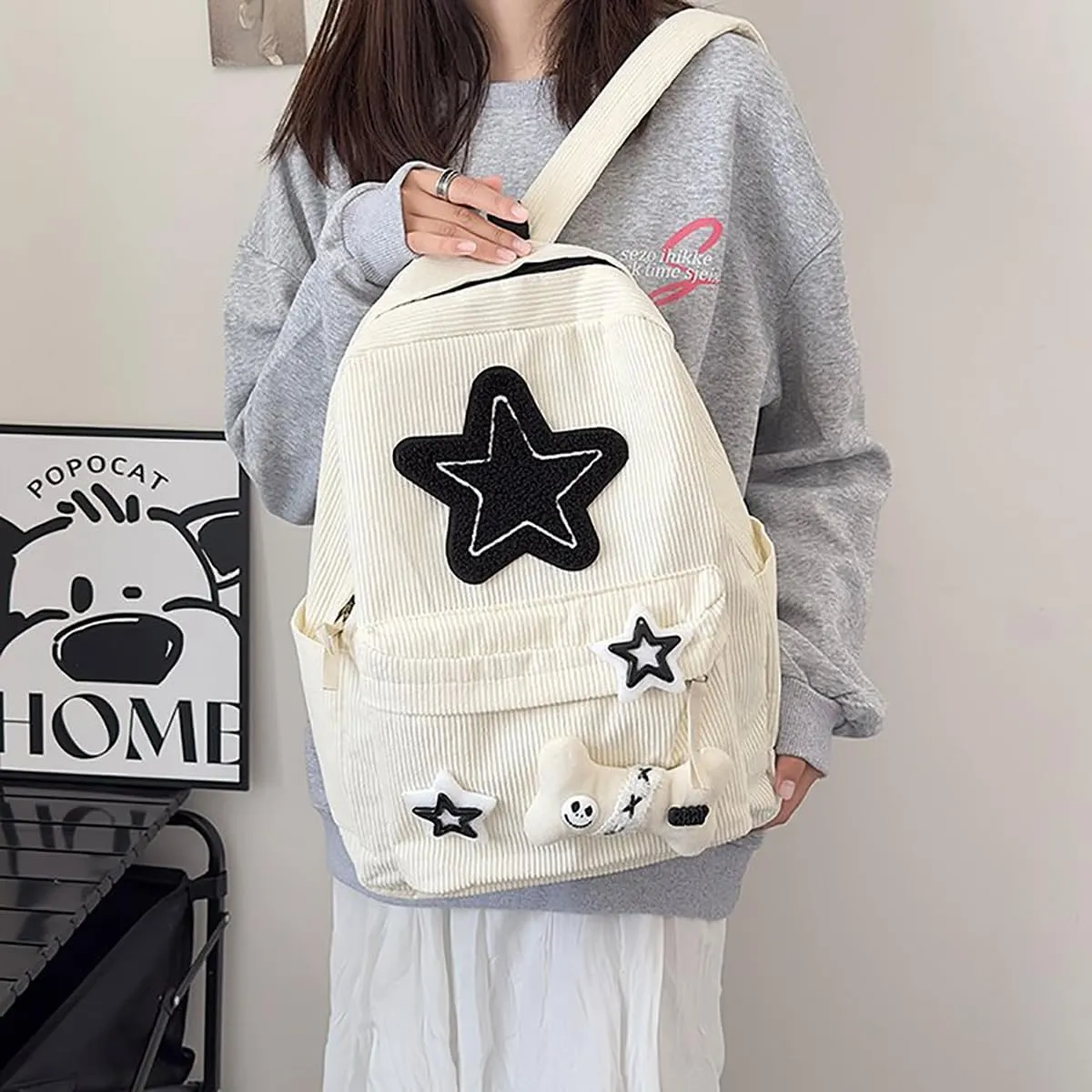 Backpack Trendy Y2K Stars Cute Aesthetic Backpack College Laptop Backpack Casual Travel Daypack for Teens (White)