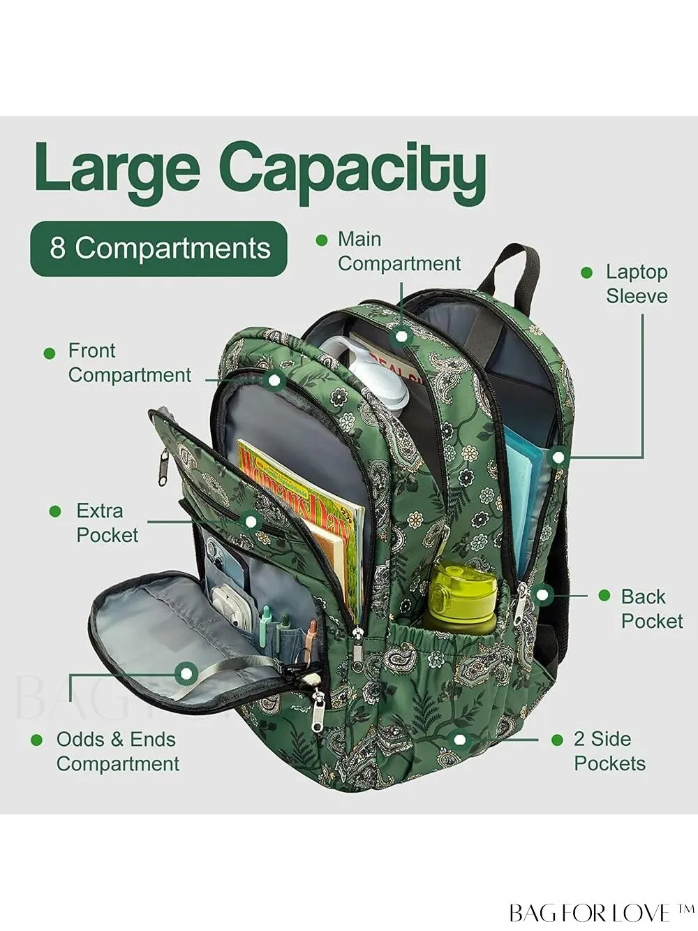 BagForLove - Stylish Paisley Womens Travel Backpack - Functional, Lightweight, & Airline Approved