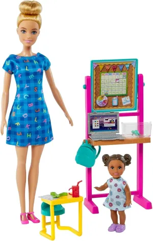 Barbie Careers Playset, School Teacher with Blonde Fashion Doll, Brunette Small Student Doll, Flipping Blackboard, Desk & More